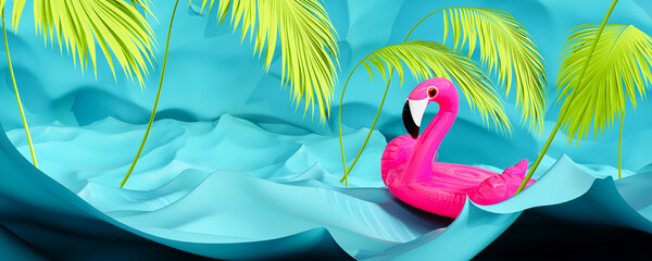 Summer background. Pink flamingo inflatable rubber on fluorescent blue water background. Trendy fluorescent summer concept design. 3D Rendering, 3D Illustration - 780643736