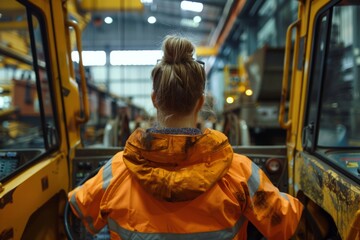 Woman operating heavy machinery on factory, rear view - Powered by Adobe