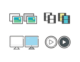 Graphic design. Set of pixel-perfect icons. Flat color style. Variety of unique visual metaphors suitable for wide range of uses