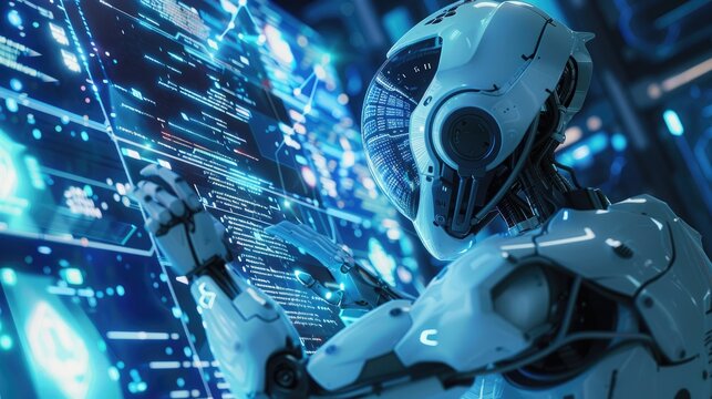 Computer programming wallpaper, computer programming images, A Robot programming on a computer screen, a futuristic computer scene