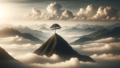 A solitary tree stands atop a misty mountain peak, surrounded by a sea of clouds and distant mountains. - obrazy, fototapety, plakaty