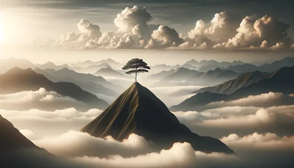 Foto op Plexiglas A solitary tree stands atop a misty mountain peak, surrounded by a sea of clouds and distant mountains. © KeetaKawee