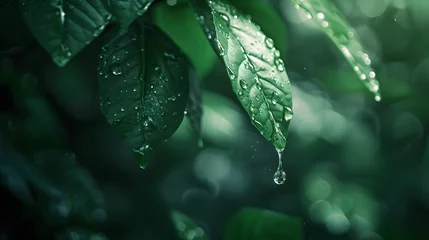 Fotobehang 葉から落ちる水滴 © 敬一 古川