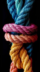 A stark contrast is created by the vividly colored twine tightly knotted, against a deep black background.