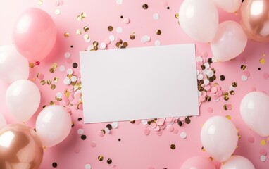 A vibrant party setup with pink and pearl balloons scattered among gold and white confetti on a pink backdrop.