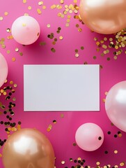 A top-down view of a celebratory background with pink balloons, golden confetti, and a central white card on a pink surface.