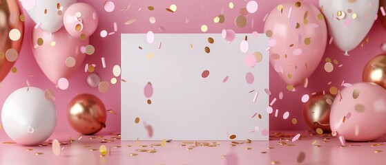An image capturing pink party balloons with a white card amidst a shower of confetti.