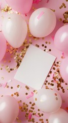 Vibrant pink party background with balloons, confetti, and a blank central card.