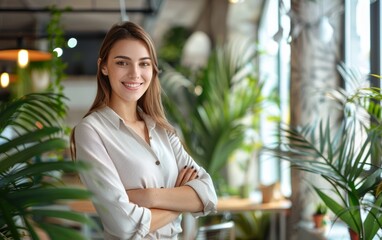 A cheerful young businesswoman stands in a bright office space with green plants, exuding a friendly and creative vibe.