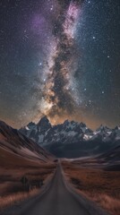 Obraz premium A road leading to distance in a mountain valley with a milky way