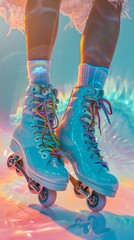 A visually captivating pair of roller skates in a vibrant teal color, adorned with intricate, multi-colored shoelaces that create a mesmerizing, iridescent effect.