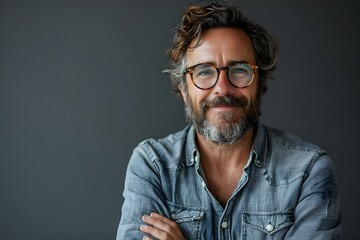 Smiling bearded man in casual attire with glasses arms crossed exuding positivity. Concept Portrait Photography, Casual Style, Smiling Expression, Bearded Man, Positive Vibes - obrazy, fototapety, plakaty