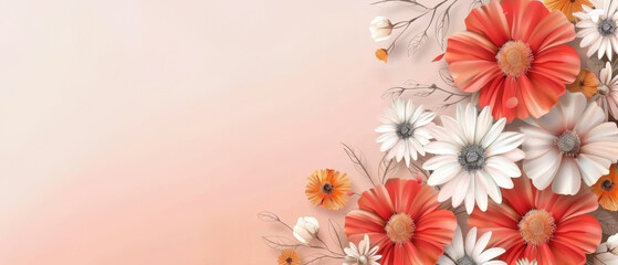 A panoramic artwork presenting a gradient of autumnal flowers, transitioning from white to deep red against a warm pastel backdrop.