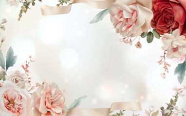 An elegant floral arrangement with roses and ribbons, depicted in soft tones, perfect for wedding backgrounds.