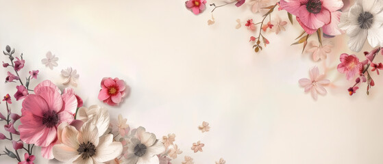 A panoramic digital illustration showcasing a stunning array of red and pink flowers, with white daisies, against a soft pink canvas.