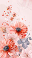 An artistic composition of coral and beige flowers, with delicate petals and soft pastel backgrounds for a serene visual experience.