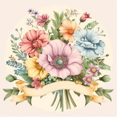 A circle of pastel flowers adorned with a golden banner, creating a vintage feel ideal for sophisticated designs.