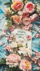 An elegant vertical banner of vibrant flowers laid on a blue fabric, featuring a 'Happy Mother's Day' message in cursive.