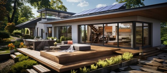 Fototapeta premium photovoltaic system on the roof of suburban house with solar panels