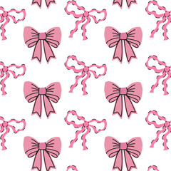 Seamless pattern with pink bows. Gift ribbons in hand drawn and flat styles. Fashionable vector illustration. Hair girly accessory. Bows for gift wrapping. Coquette core cute design.