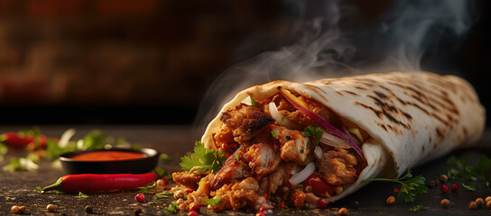 chicken shawarma fast food , turkey shawarma , steam rising, smokey , blur background , istanbul