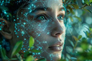 High-tech highlighting futuristic AI interfaces interwoven with sustainable technology systems, Profile of female face with digital light network overlay, amidst foliage. Gaze directed upward,