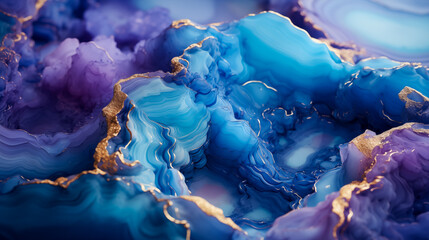 A detailed view of a substance in shades of blue and purple. Close-up of intricate and colorful layers of a geode, highlighting the natural patterns and textures in the mineral composition.