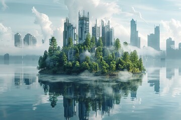 Environmental solutions propelled by futuristic AI and sustainable technologies, Futuristic city rising from island forest, reflection in water creating a serene yet advanced metropolitan aesthetic. - obrazy, fototapety, plakaty
