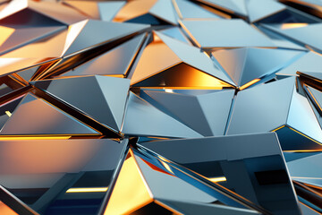 Assortment of multifaceted geometric shapes, lustrous surface that appears metallic. Configuration of triangles and polygons shimmer with blues and golds, creating an abstract pattern