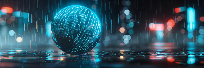 Digital sphere constructed with illuminated lines sits atop a sleek, futuristic platform, surrounded by a vibrant neon glow and soft bokeh light effects. Advanced technology or a virtual environment.