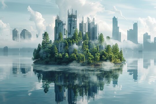 Environmental solutions propelled by futuristic AI and sustainable technologies, Futuristic city rising from island forest, reflection in water creating a serene yet advanced metropolitan aesthetic.