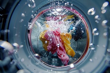 Washing machine with floating clothes with bubbles and water splashing detergent