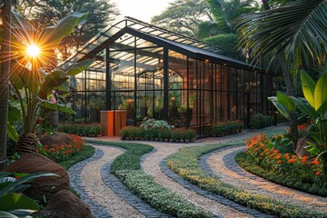 Sunrise view of a lavish greenhouse in a lush garden with ornate pathways inviting a peaceful morning stroll - obrazy, fototapety, plakaty