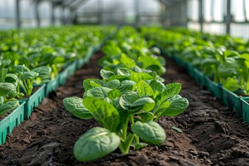 Vibrant image showcasing rows of fresh green bok choy plants neatly organized in a greenhouse with natural lighting - obrazy, fototapety, plakaty