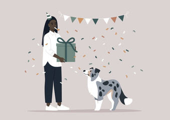 Celebrating a blue marble Border Collies Birthday With Festive Cheer, An owner presents a gift to an attentive puppy amidst a shower of confetti