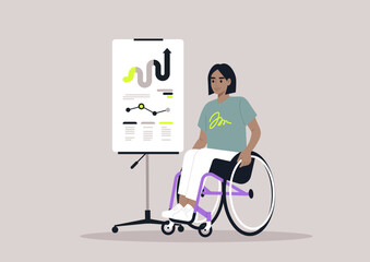 Empowered Visionary Presenting a Strategic Plan, A confident individual in a wheelchair showcases a marketing concept on a flip chart