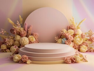 Pink empty podium display for product mock-up surrounded by spring flowers on pastel background 