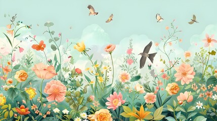 Fototapeta na wymiar Whimsical Floral Garden Teeming With Vibrant Blooms,Leaves,and Curious Wildlife
