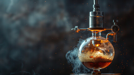 scientific beauty of brewing coffee with a siphon coffee maker. the siphon during the brewing process, with water rising into the upper chamber where the coffee grounds are. - obrazy, fototapety, plakaty