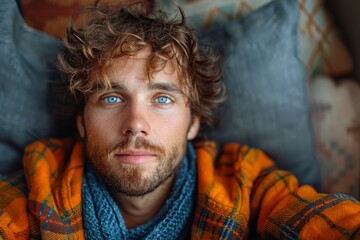 A man with piercing blue eyes and curly hair looking up, wrapped in an orange and blue scarf
