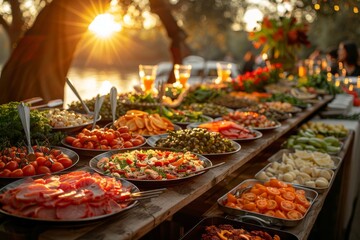 A warm sunset illuminates an outdoor buffet with a spread of delicious dishes, ideal for gatherings