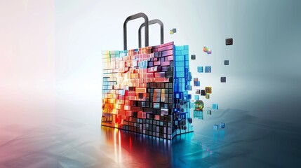 Pixelated shopping bag disintegrating into digital cubes with a gradient background, symbolizing online shopping - 780647544
