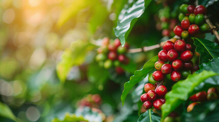 Obraz premium Coffee cherries on the branch in a coffee plantation, capturing the lush vibrancy and natural beauty of coffee cherries as they ripen under the sun, set amidst the verdant foliage of sprawling coffee
