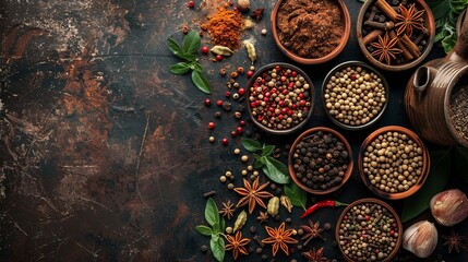 background of various aromatic spices. types of allspice. Assortment of oriental herbs and spices. top view. copy space.