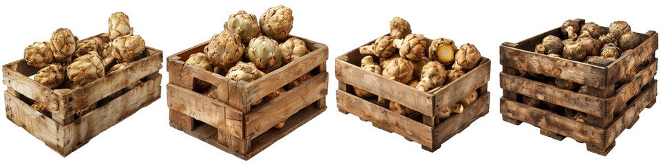 Wooden Box Full Of Jerusalem Artichoke Hyperrealistic Highly Detailed Isolated On Transparent Background Png