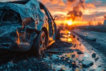 A haunting image of a totaled car at dusk with vibrant sunset in the background, reflecting a sense of loss and tragedy - obrazy, fototapety, plakaty