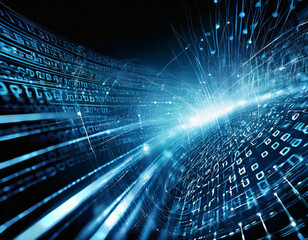 Abstract digital background with blue binary code and light streaks on black background, symbolizing technology and data transfer in cyberspace