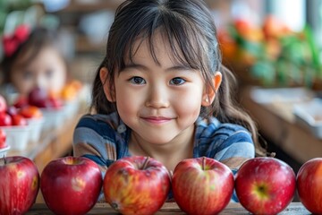 Fototapeta premium A charming young girl with a gentle smile stands behind rows of red apples
