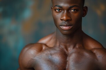 A sculpted male model with a striking stance and intense gaze