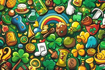 Festive St Patrick's Day Cartoon Doodle Background with Various Objects and Symbols of the Holiday